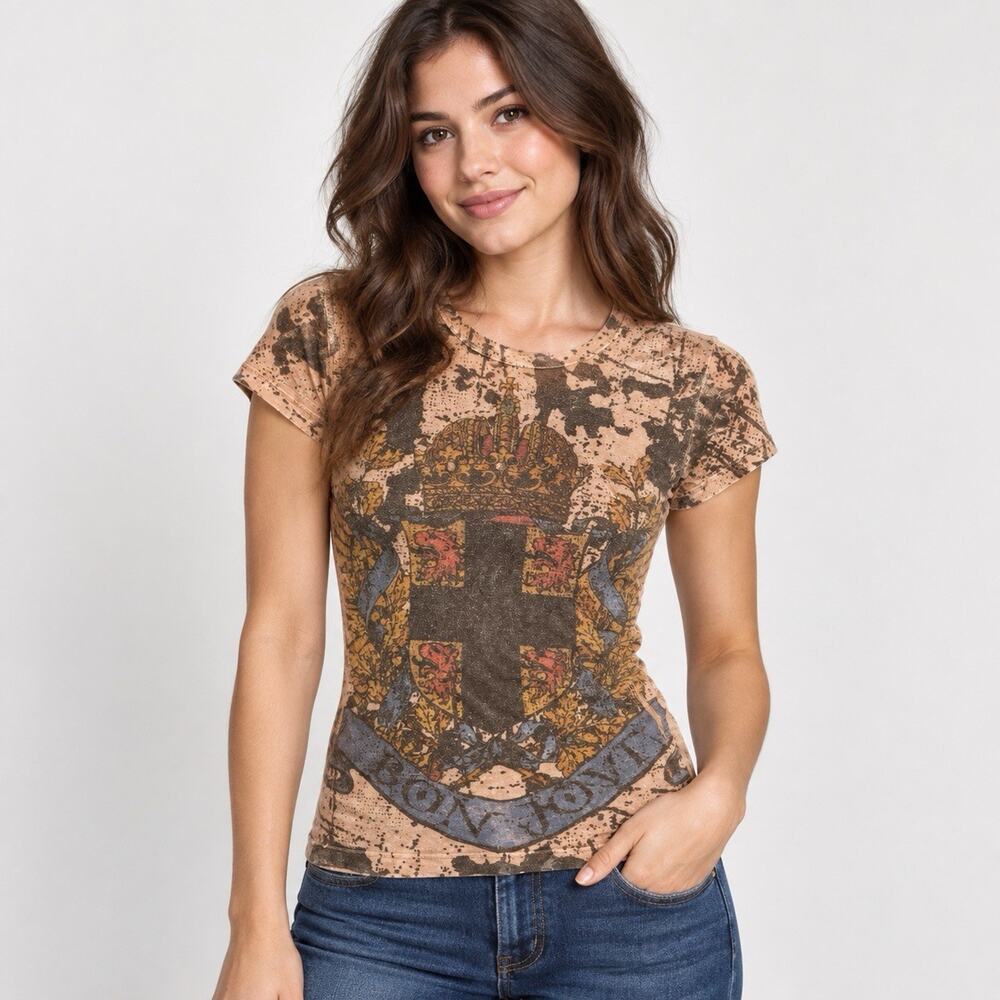 Bon Jovi 2008 Womens XS Graphic T Shirt Distressed Crest Cross Y2K Rock Band